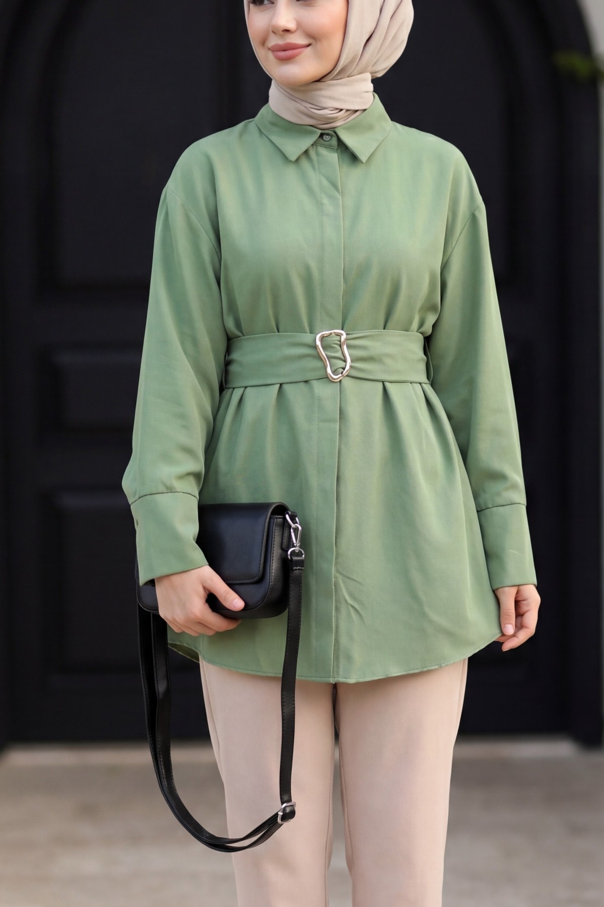 Buckled Belted Double Cuff Sleeve Concealed Button Poplin Tunic -Khaki