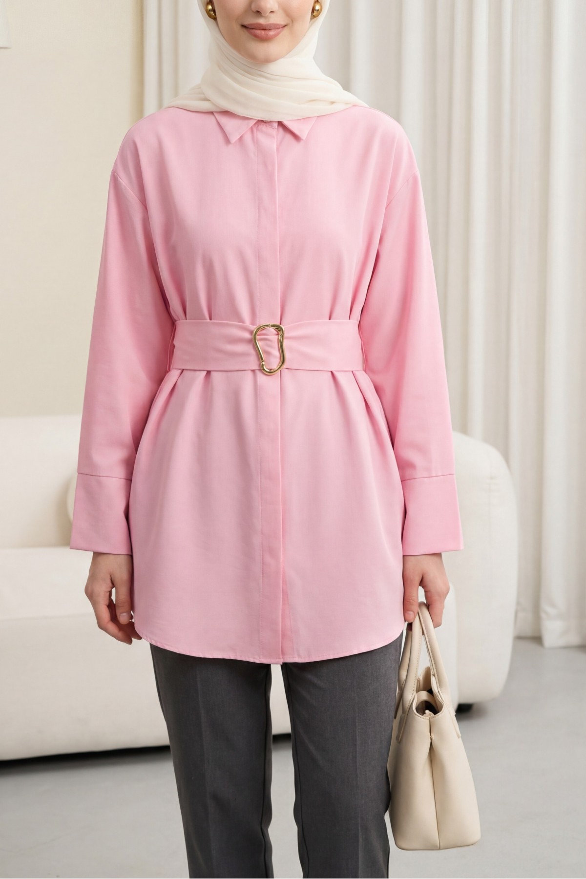 Buckled Belted Double Cuff Sleeve Concealed Button Poplin Tunic -Pink