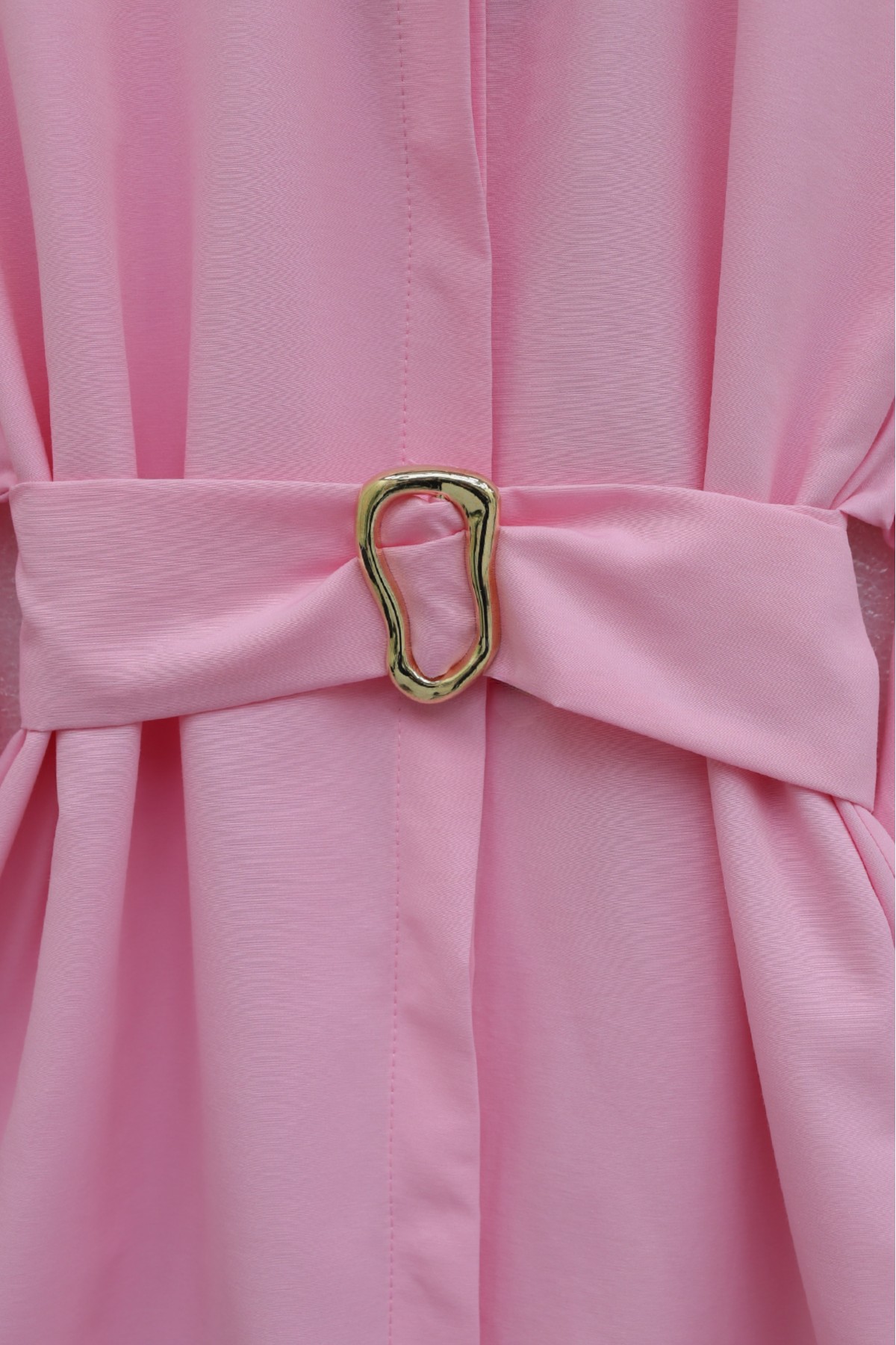 Buckled Belted Double Cuff Sleeve Concealed Button Poplin Tunic -Pink