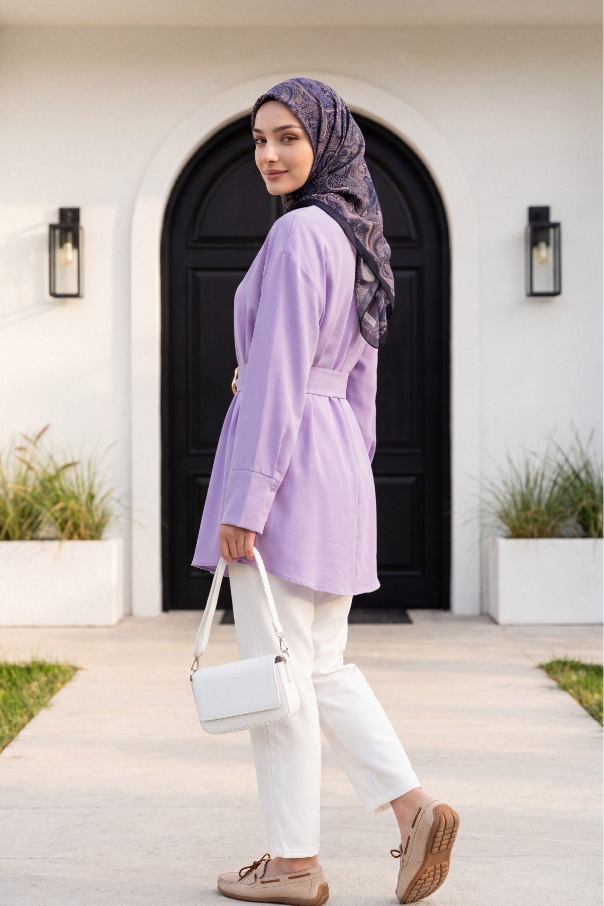 Buckled Belted Double Cuff Sleeve Concealed Button Poplin Tunic -Lilac