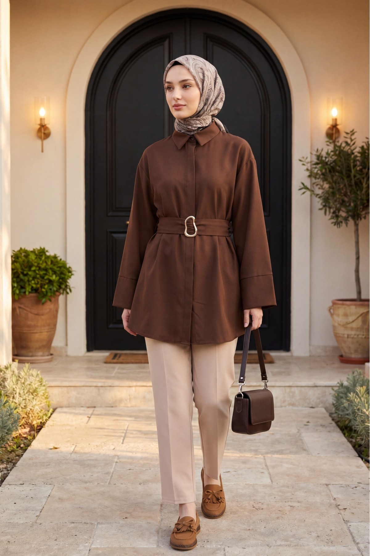 Buckled Belted Double Cuff Sleeve Concealed Button Poplin Tunic -Dark Coffee