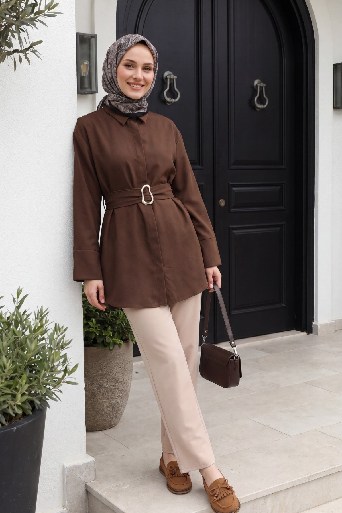 Buckled Belted Double Cuff Sleeve Concealed Button Poplin Tunic -Dark Coffee