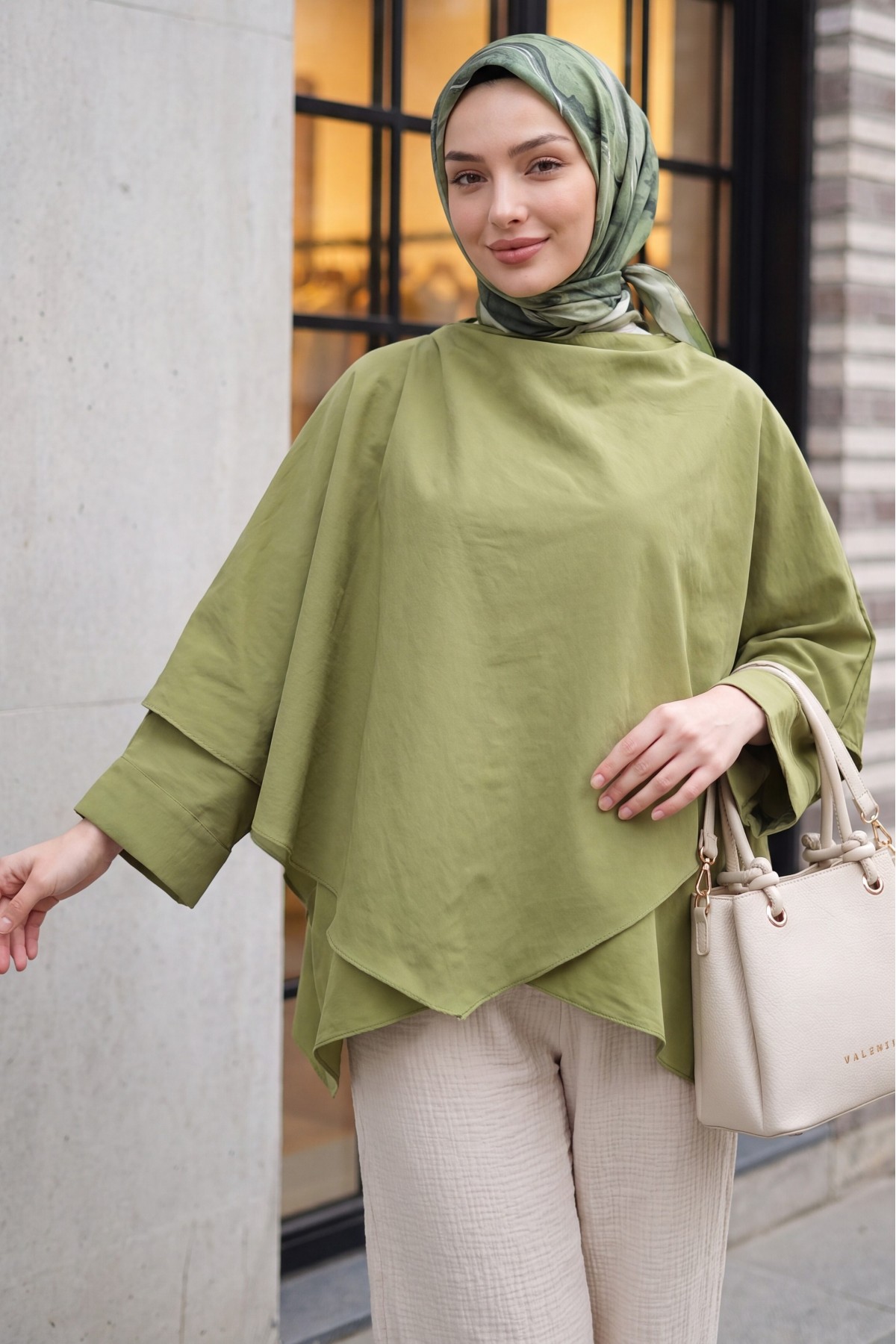 Button-Shoulder Batwing Sleeve Modal Kimono Poncho -Khaki