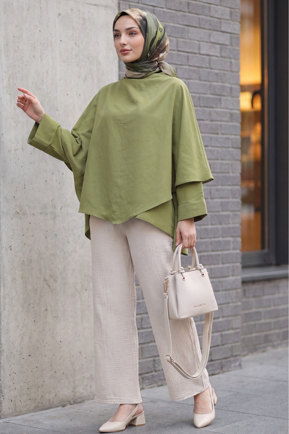 Button-Shoulder Batwing Sleeve Modal Kimono Poncho -Khaki