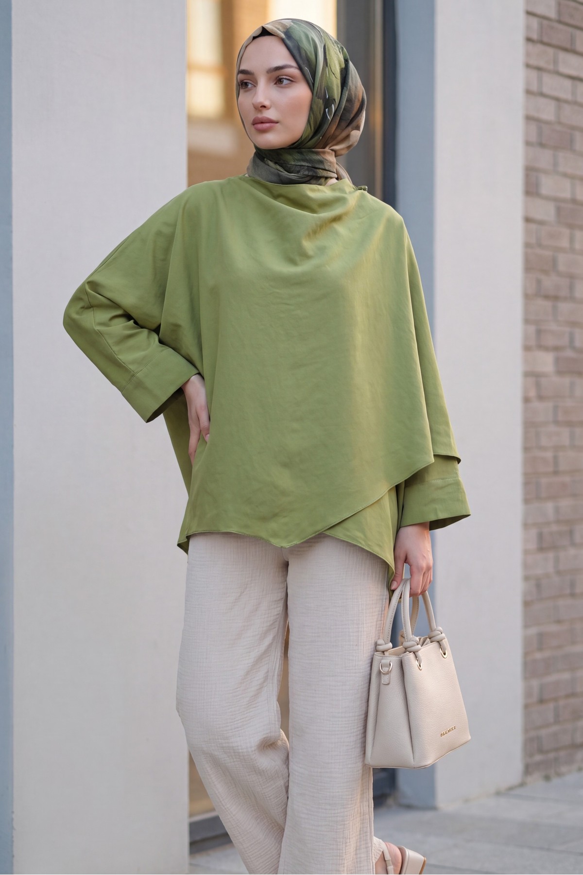 Button-Shoulder Batwing Sleeve Modal Kimono Poncho -Khaki