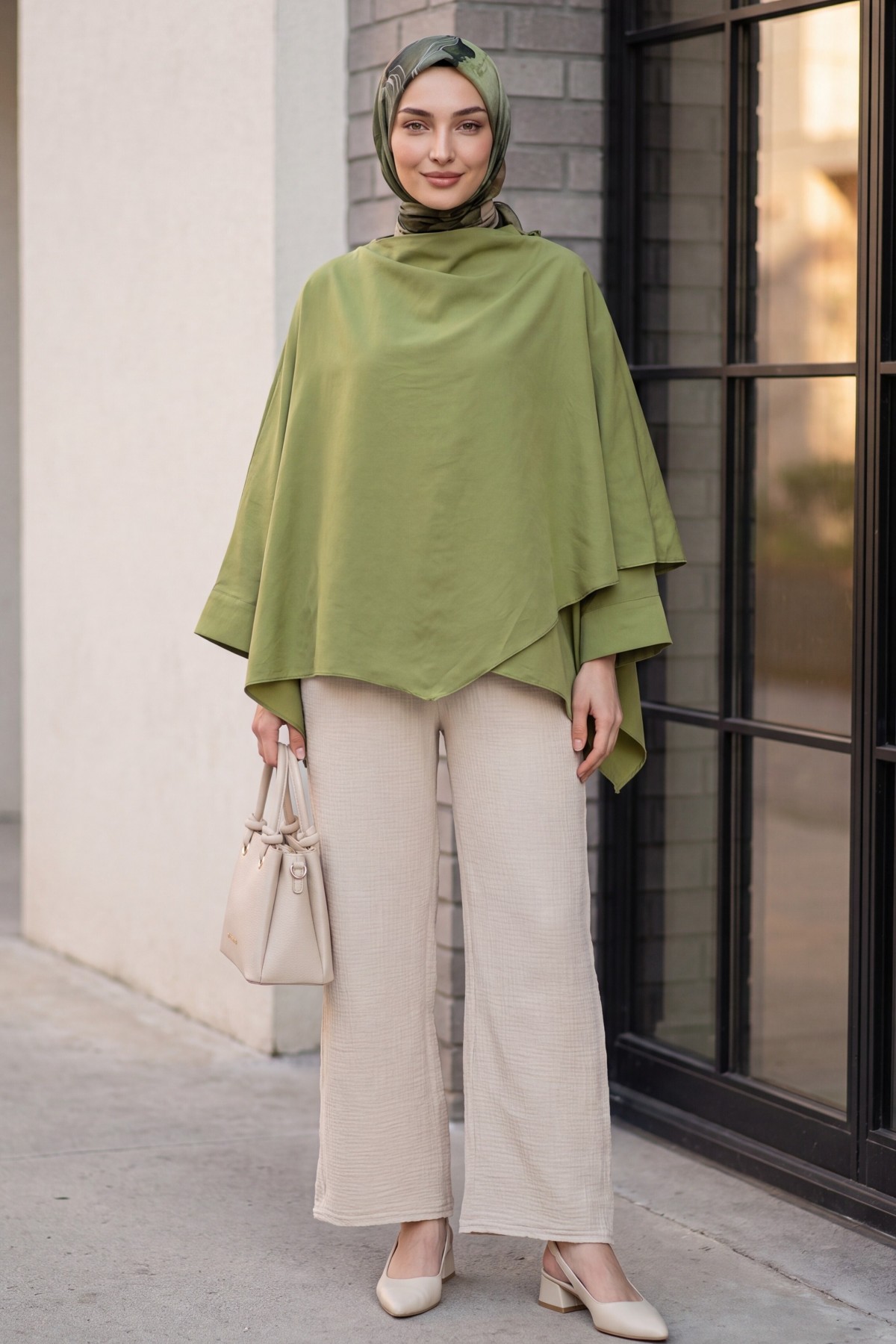 Button-Shoulder Batwing Sleeve Modal Kimono Poncho -Khaki