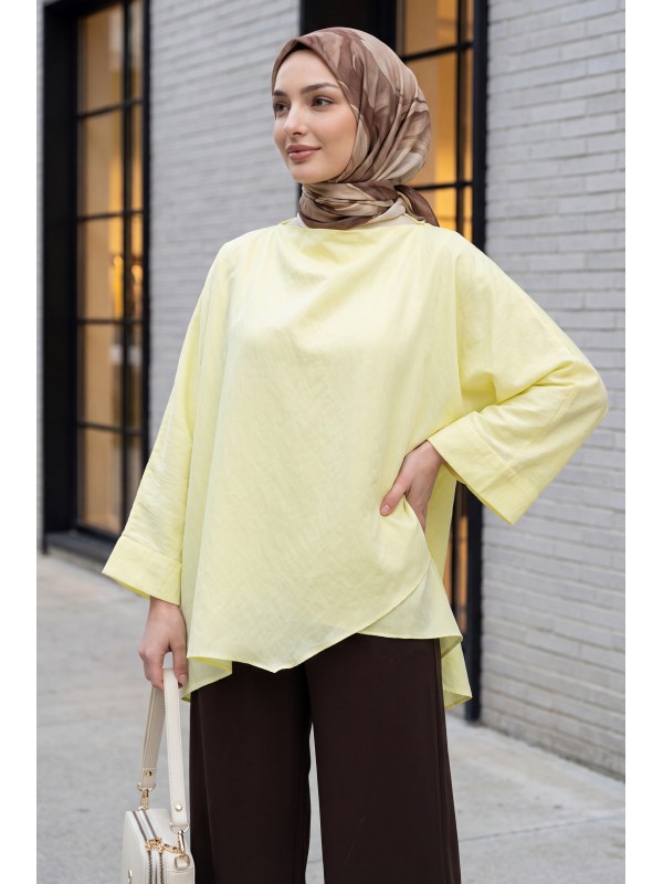 Omuzu Düğmeli Yarasa Kol Modal Kimono Panço -Sarı