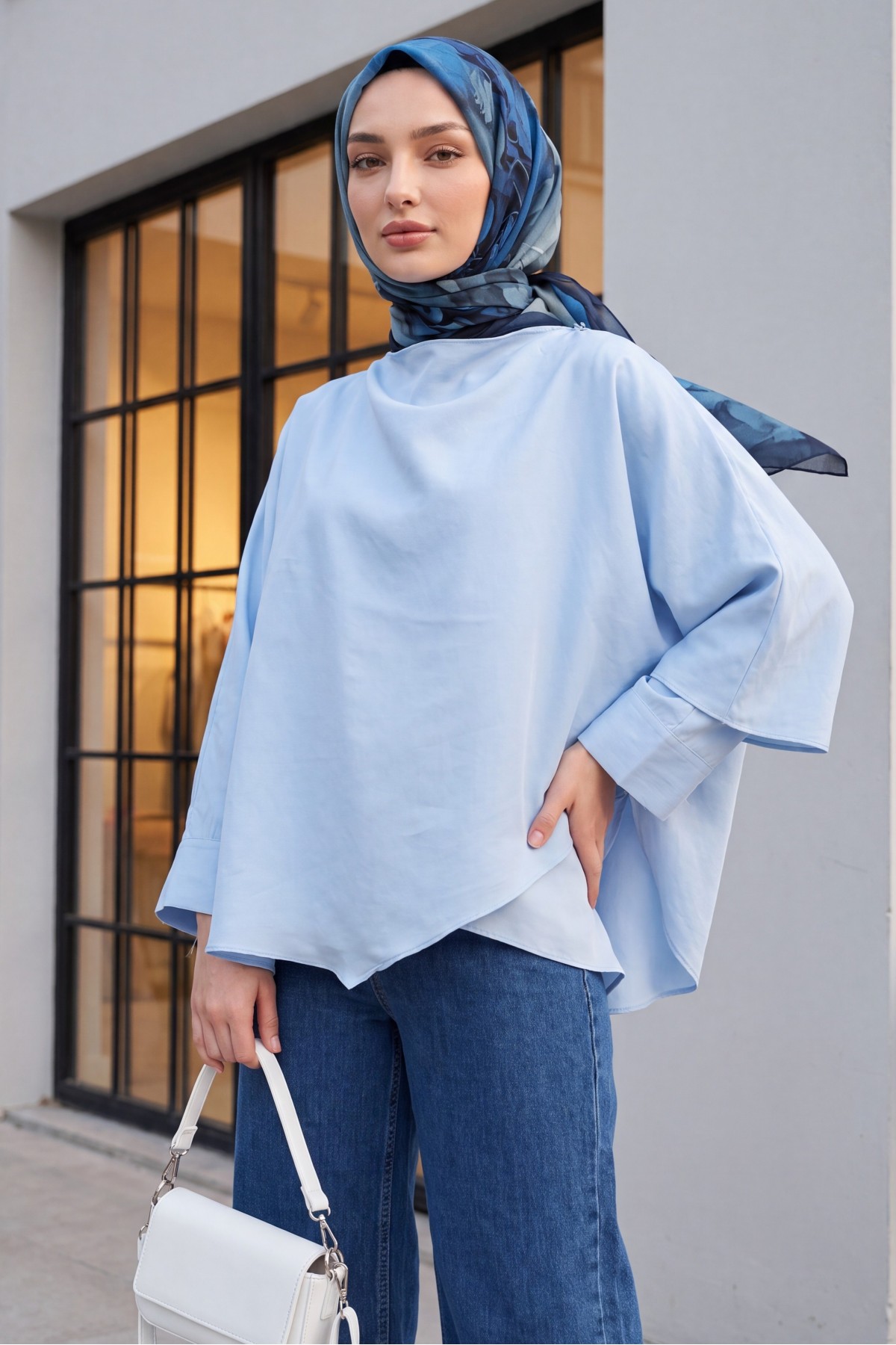 Button-Shoulder Batwing Sleeve Modal Kimono Poncho -Baby Blue