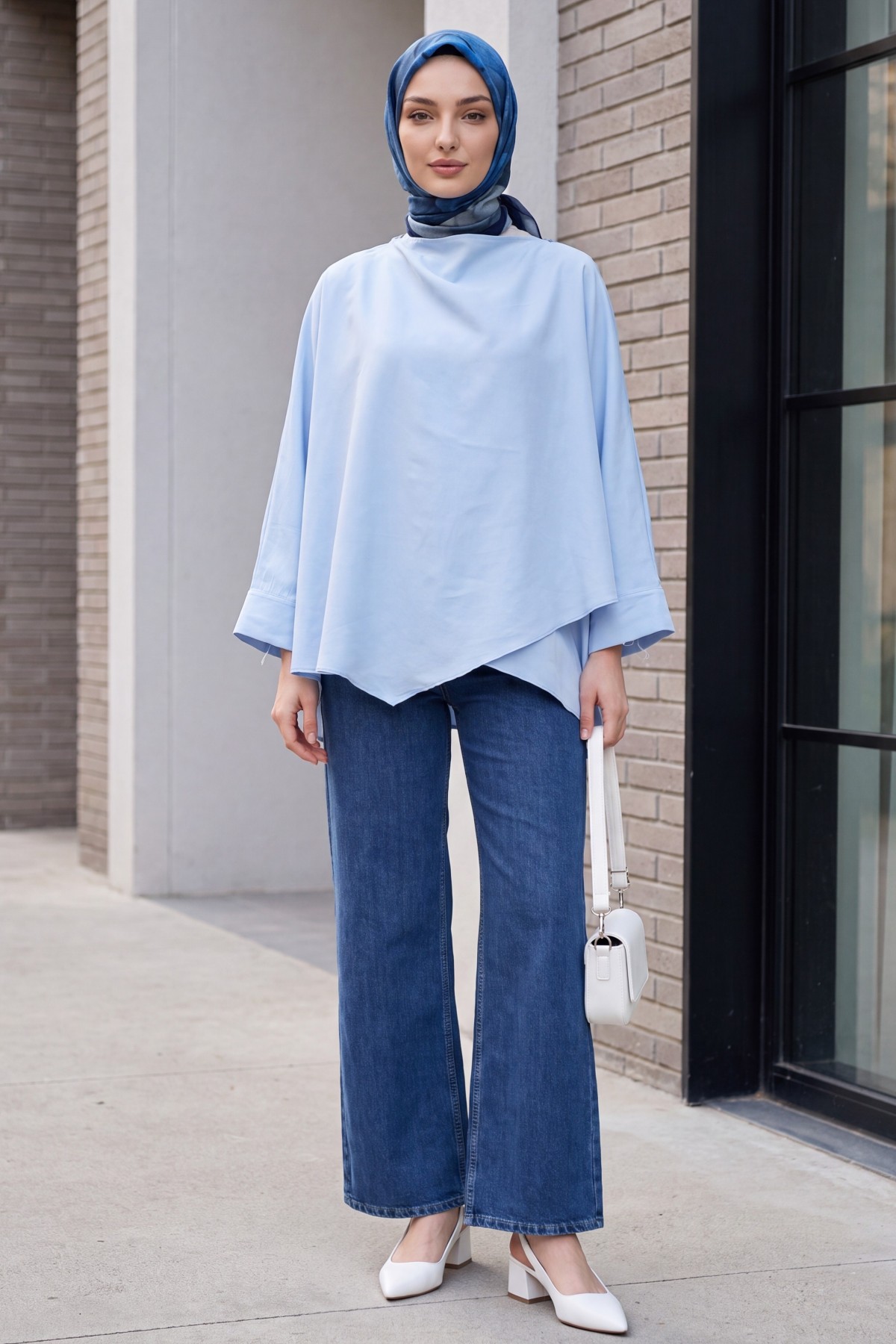 Button-Shoulder Batwing Sleeve Modal Kimono Poncho -Baby Blue