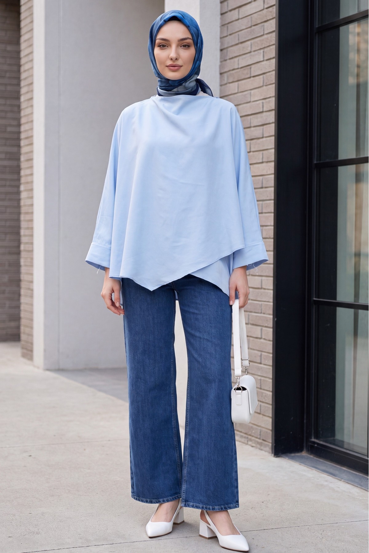 Button-Shoulder Batwing Sleeve Modal Kimono Poncho -Baby Blue
