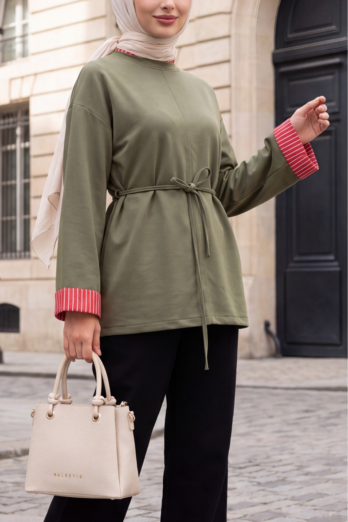 Side-Slit Crew Neck Jersey Sweatshirt with Waist Tie -Khaki