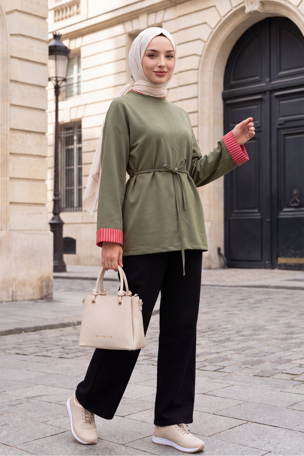 Side-Slit Crew Neck Jersey Sweatshirt with Waist Tie -Khaki