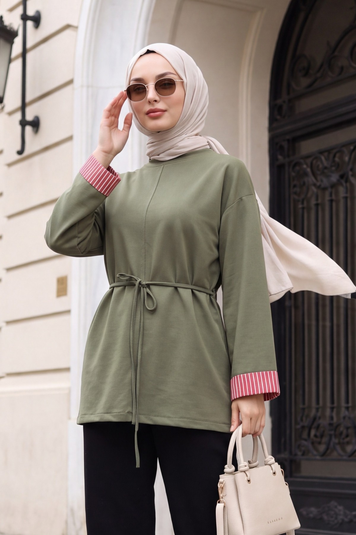 Side-Slit Crew Neck Jersey Sweatshirt with Waist Tie -Khaki