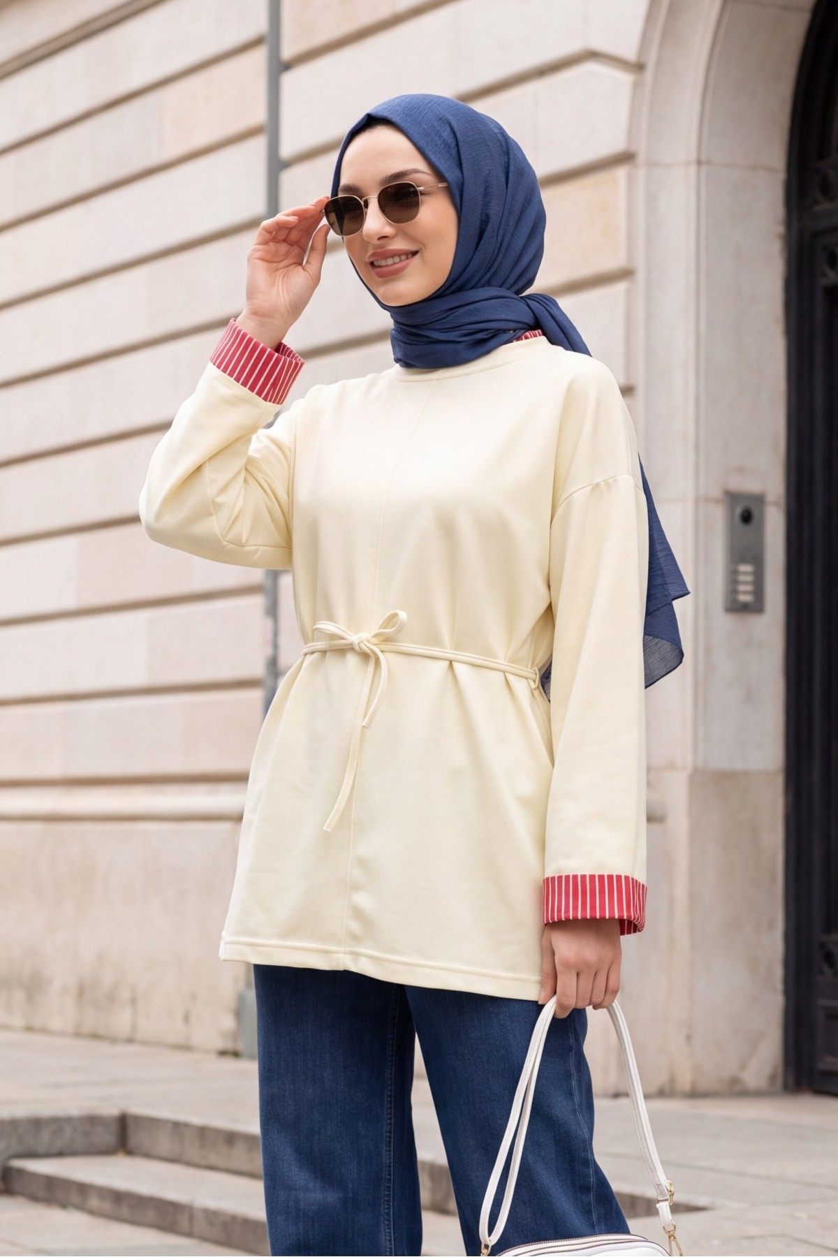 Side-Slit Crew Neck Jersey Sweatshirt with Waist Tie -Yellow