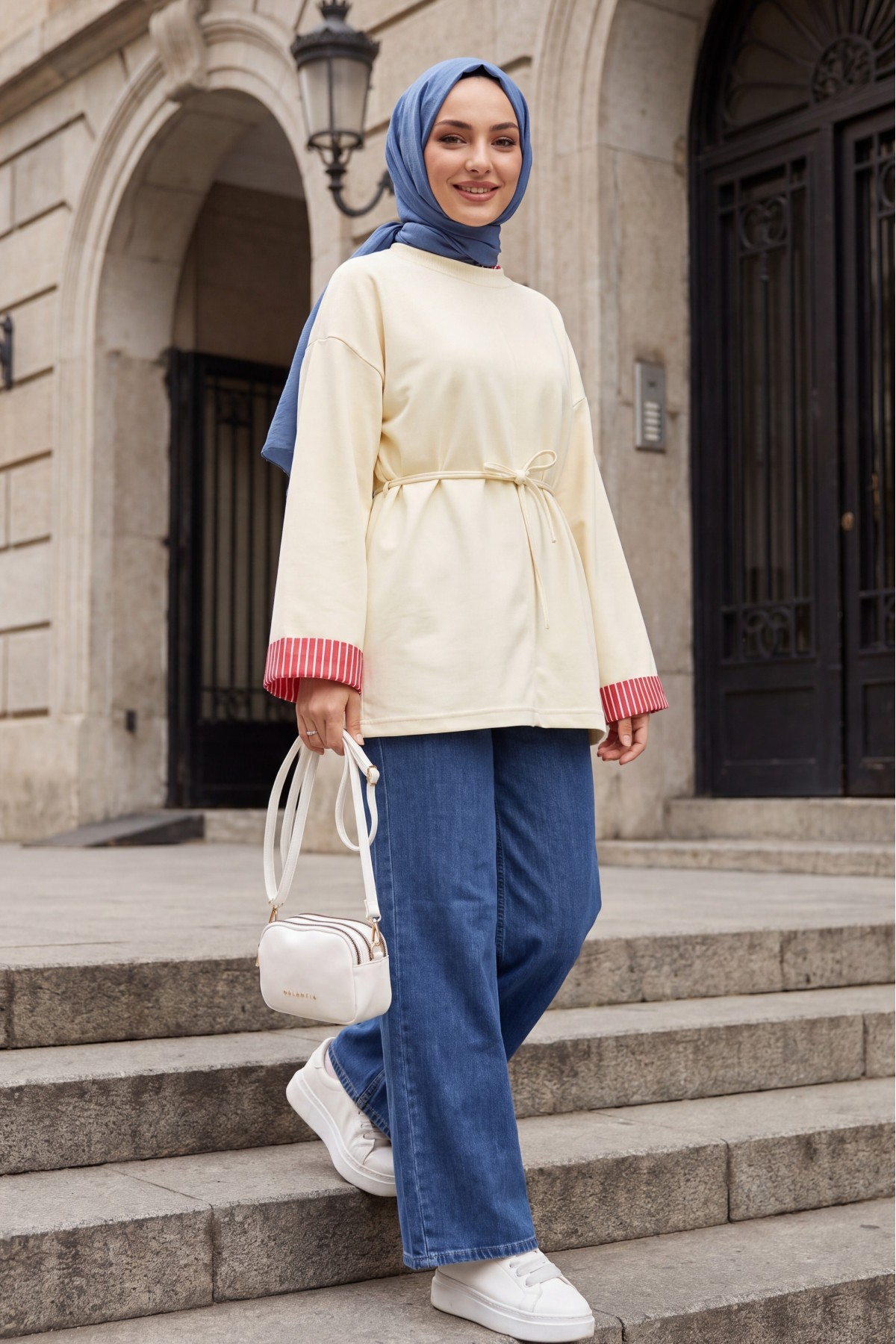 Side-Slit Crew Neck Jersey Sweatshirt with Waist Tie -Yellow