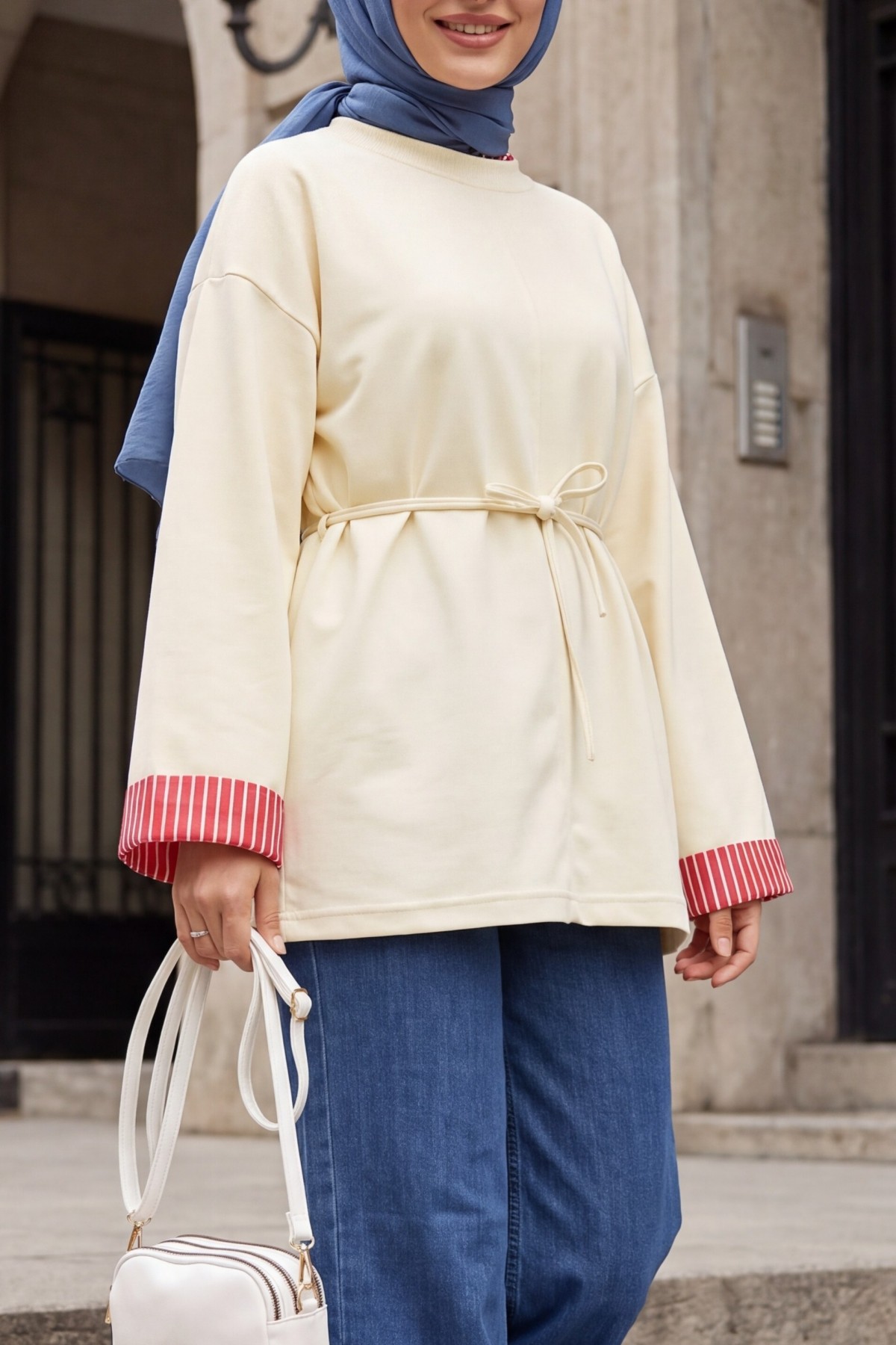Side-Slit Crew Neck Jersey Sweatshirt with Waist Tie -Yellow
