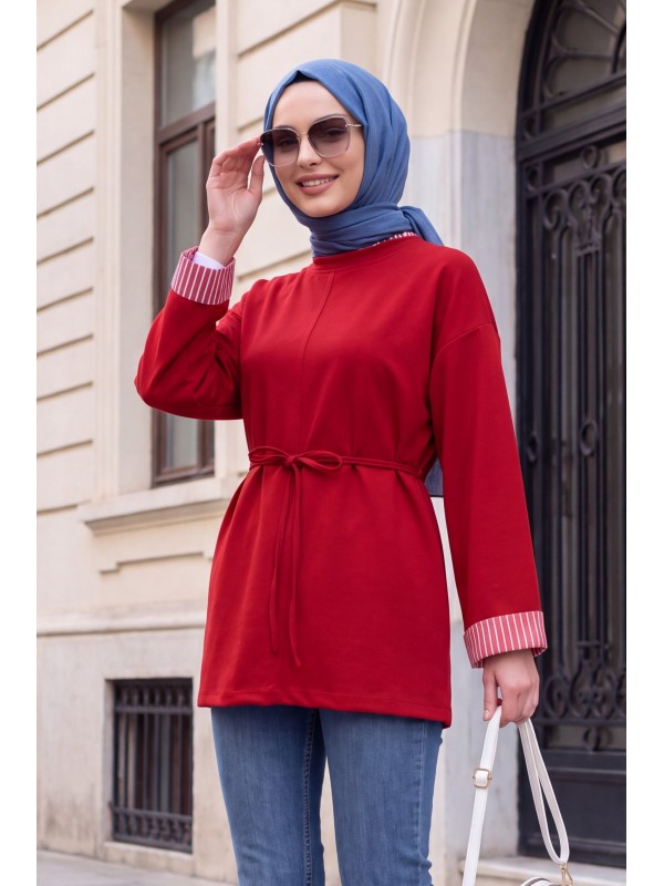 Yırtmaçlı Bisiklet Yaka Beli Bağlamalı Penye Sweat -Kırmızı
