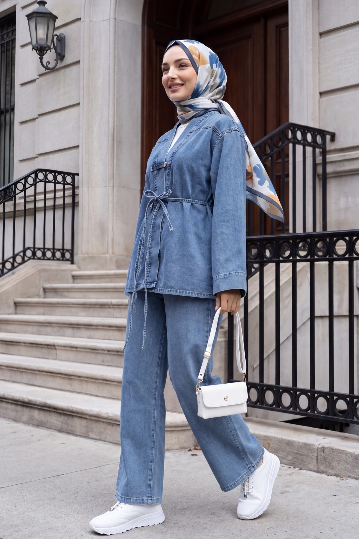 Düğmeli Kemerli Bol Paça Pantolonlu Kot Kimono Takım -Buz Mavi