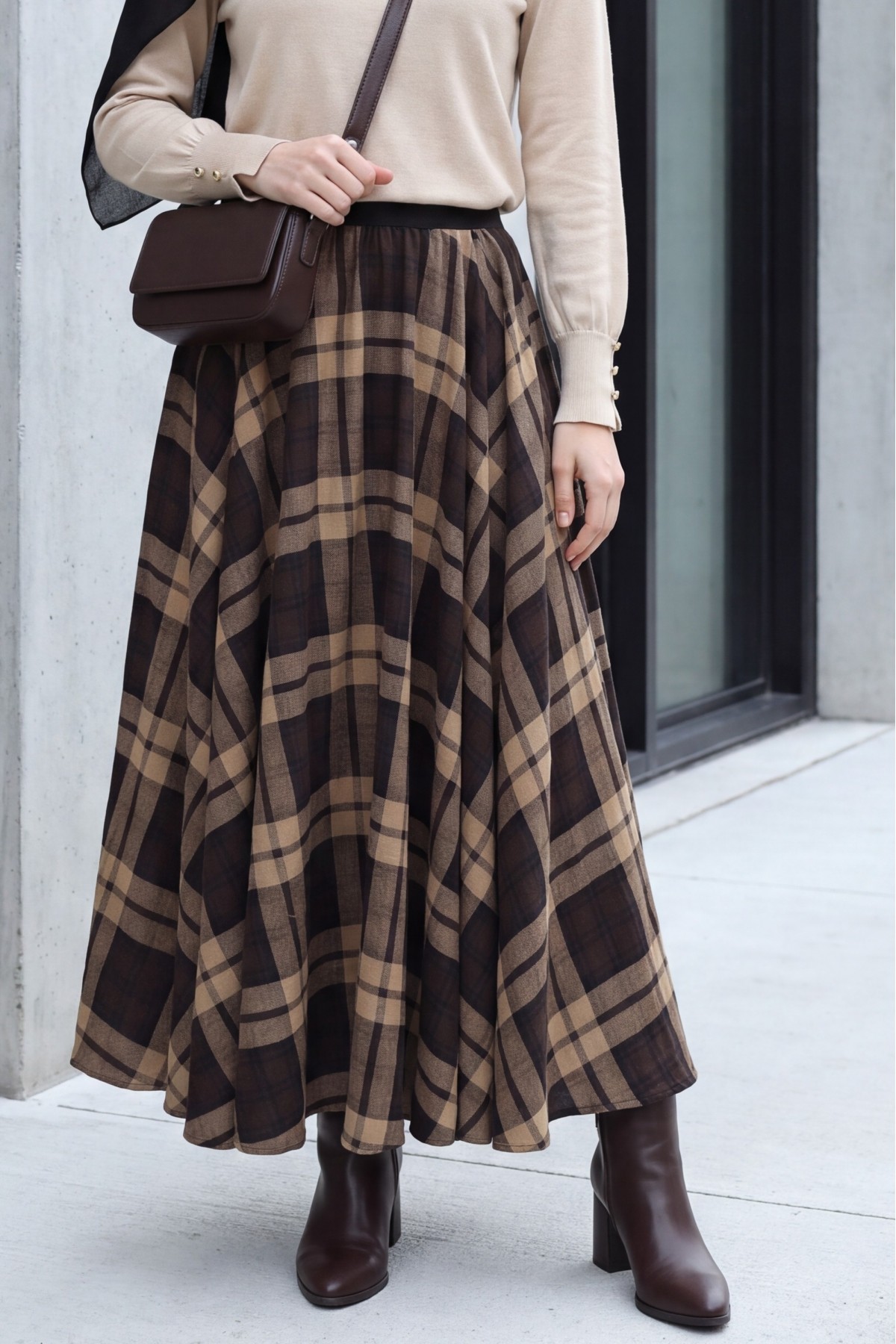 Elastic-Waist Plaid Flared Skirt -Brown