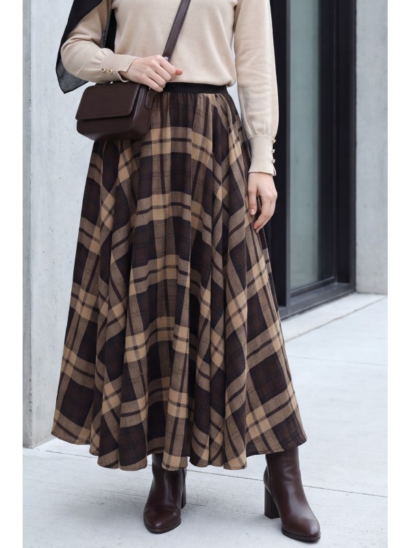 Elastic-Waist Plaid Flared Skirt -Brown