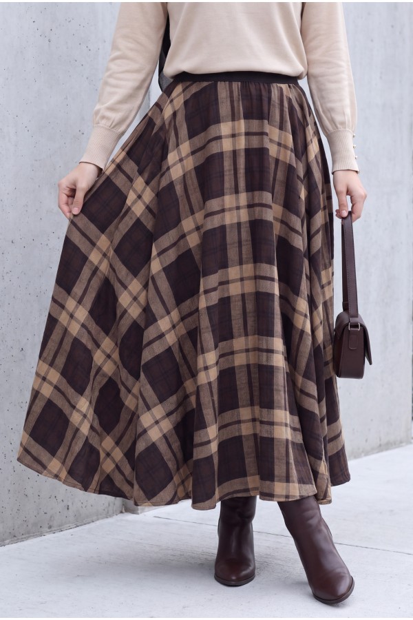 Elastic-Waist Plaid Flared Skirt -Brown