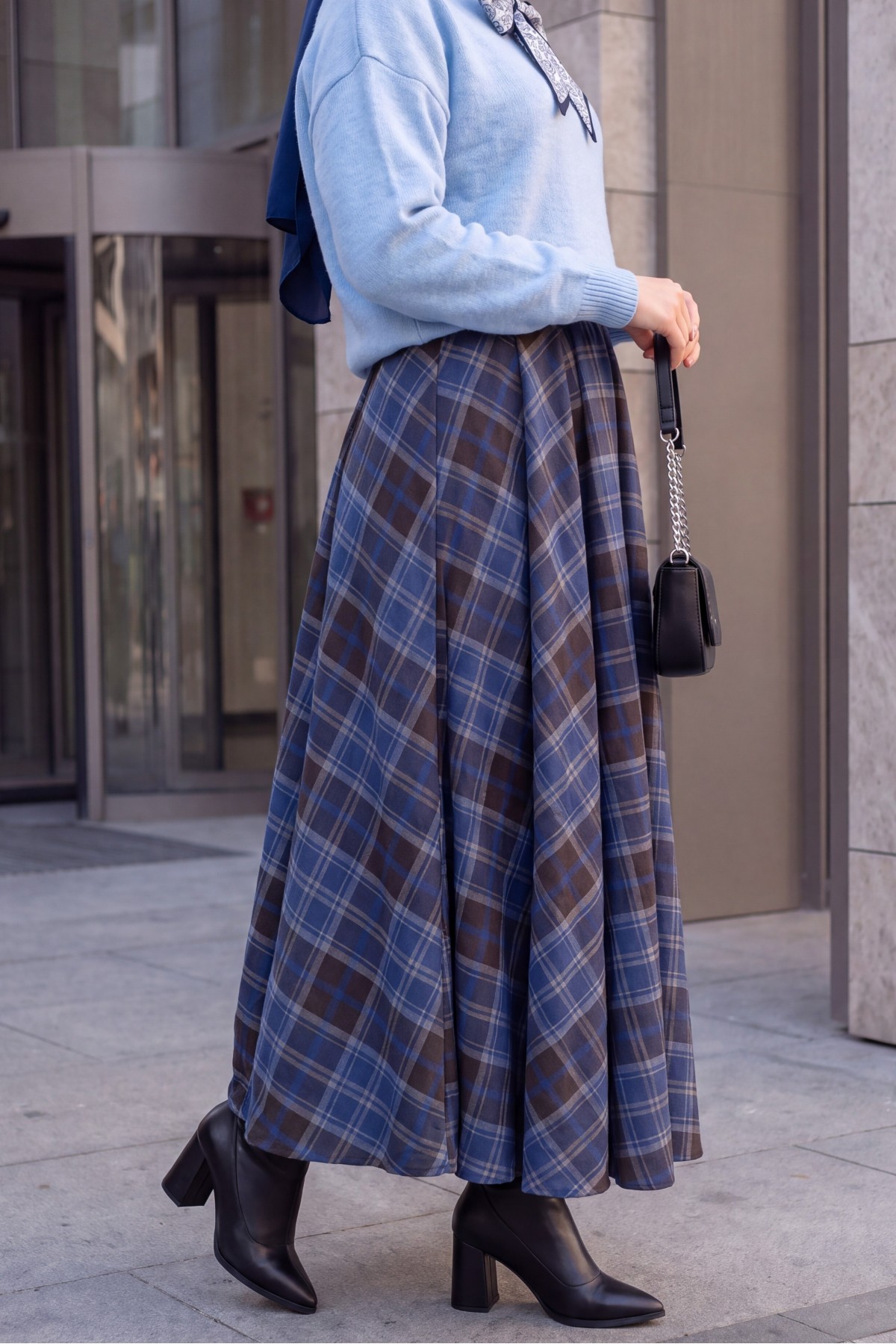 Elastic-Waist Plaid Flared Skirt -İndigo