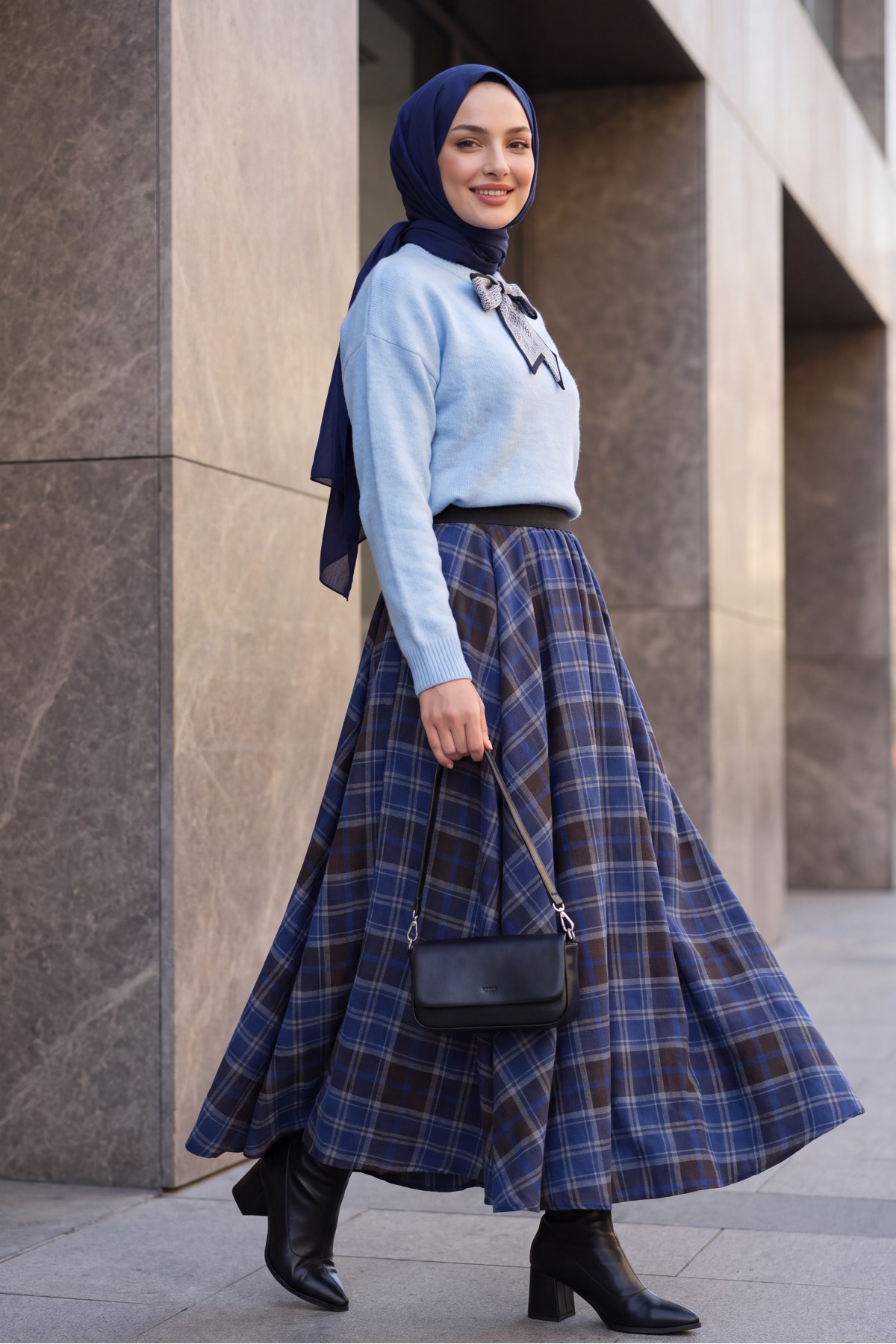 Elastic-Waist Plaid Flared Skirt -İndigo