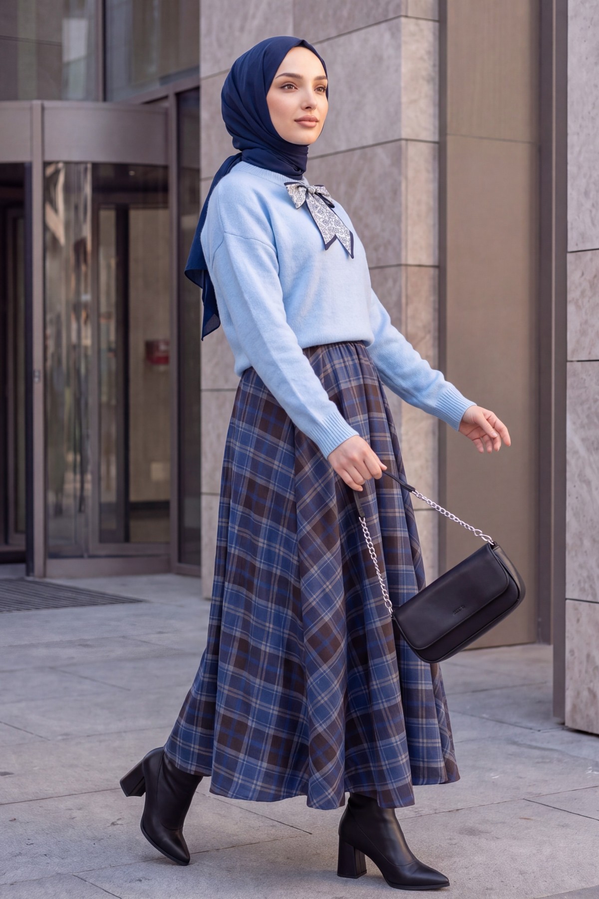Elastic-Waist Plaid Flared Skirt -İndigo