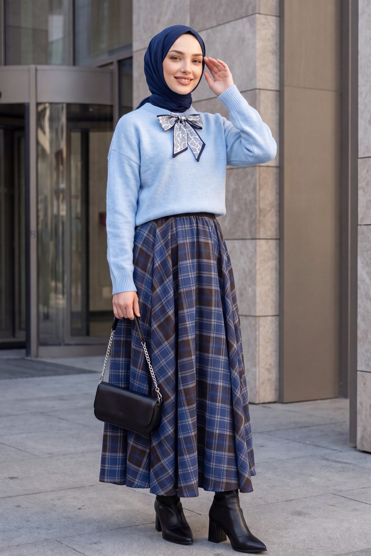 Elastic-Waist Plaid Flared Skirt -İndigo