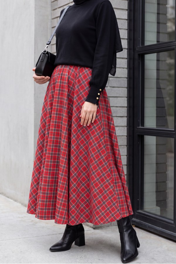 Elastic-Waist Plaid Flared Skirt -Red