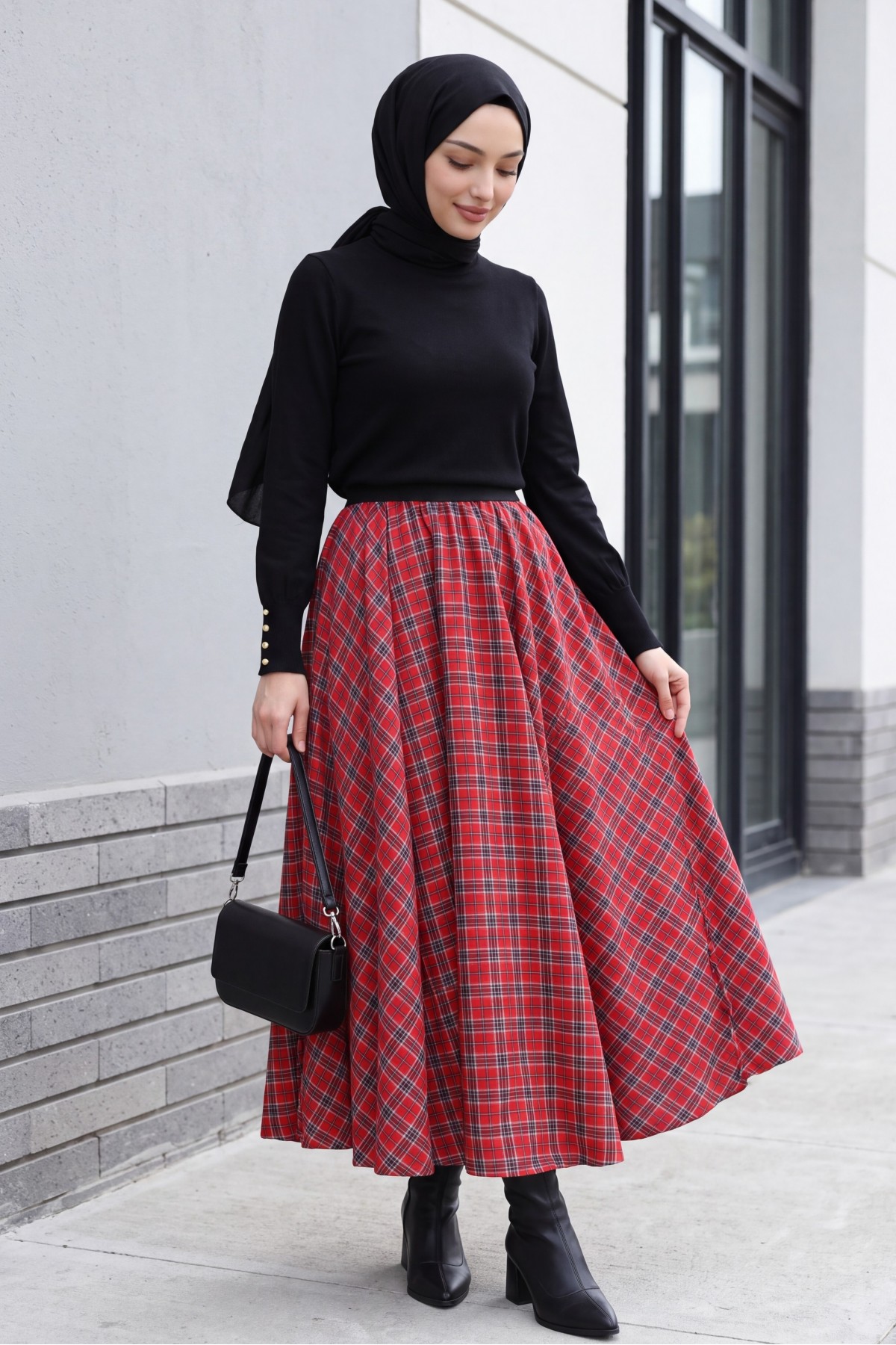 Elastic-Waist Plaid Flared Skirt -Red