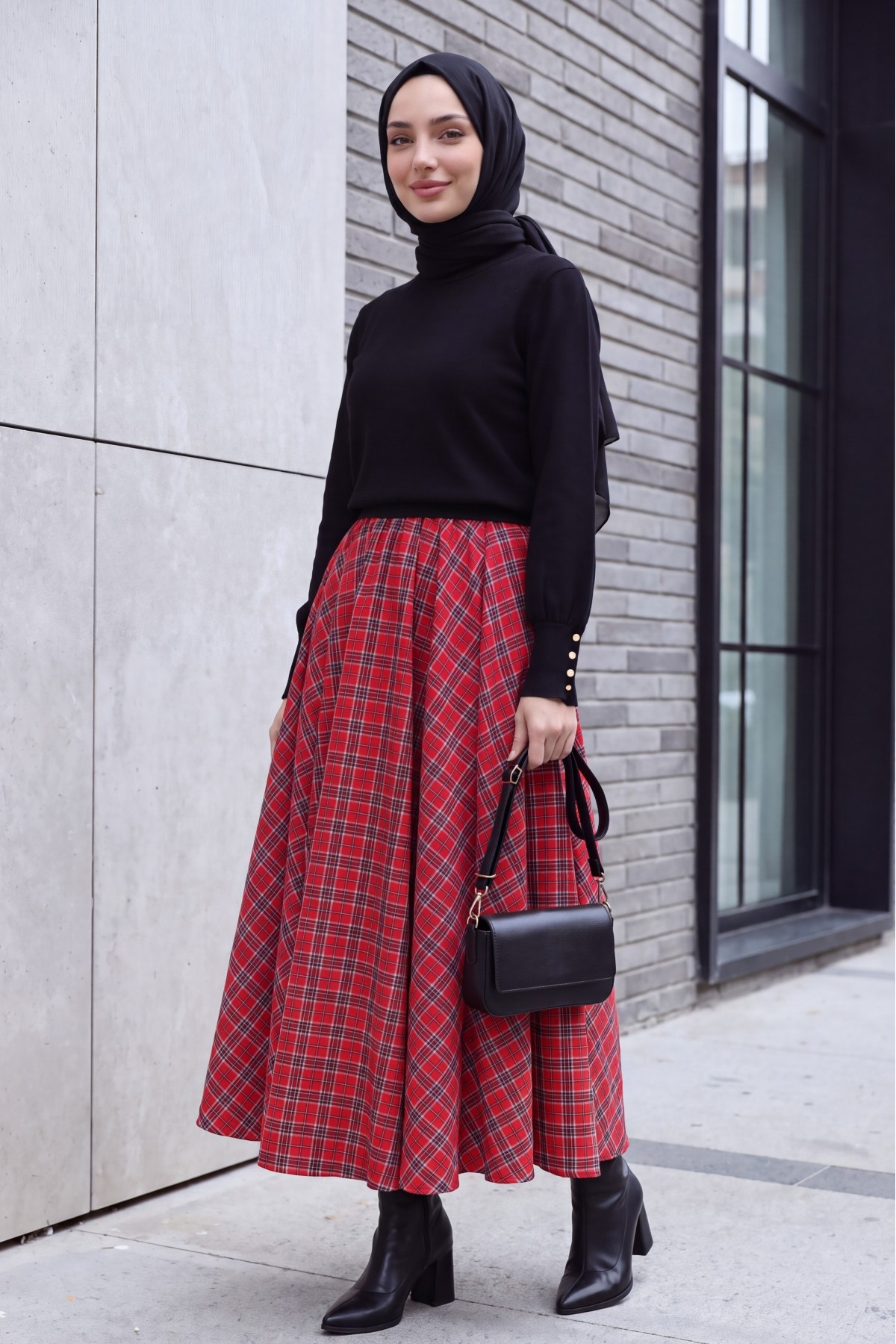 Elastic-Waist Plaid Flared Skirt -Red