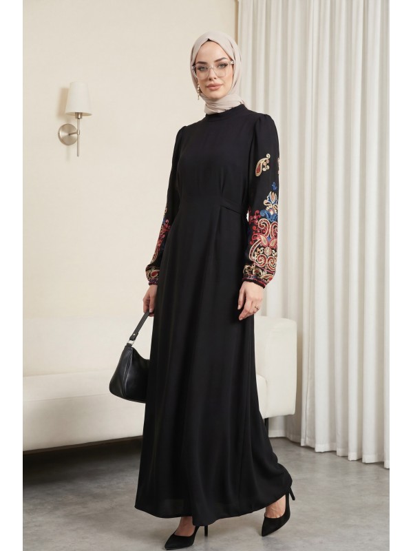 Kolu İşleme Tüllü Bağcıklı Kalem Elbise  -Fuşya