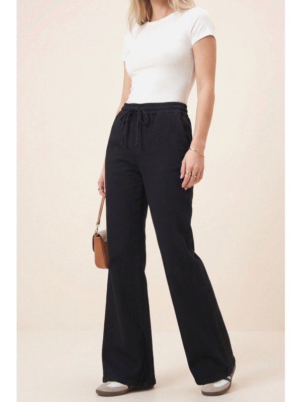 İspanyol Paça Bağcık Detaylı Kot Pantolon -Siyah