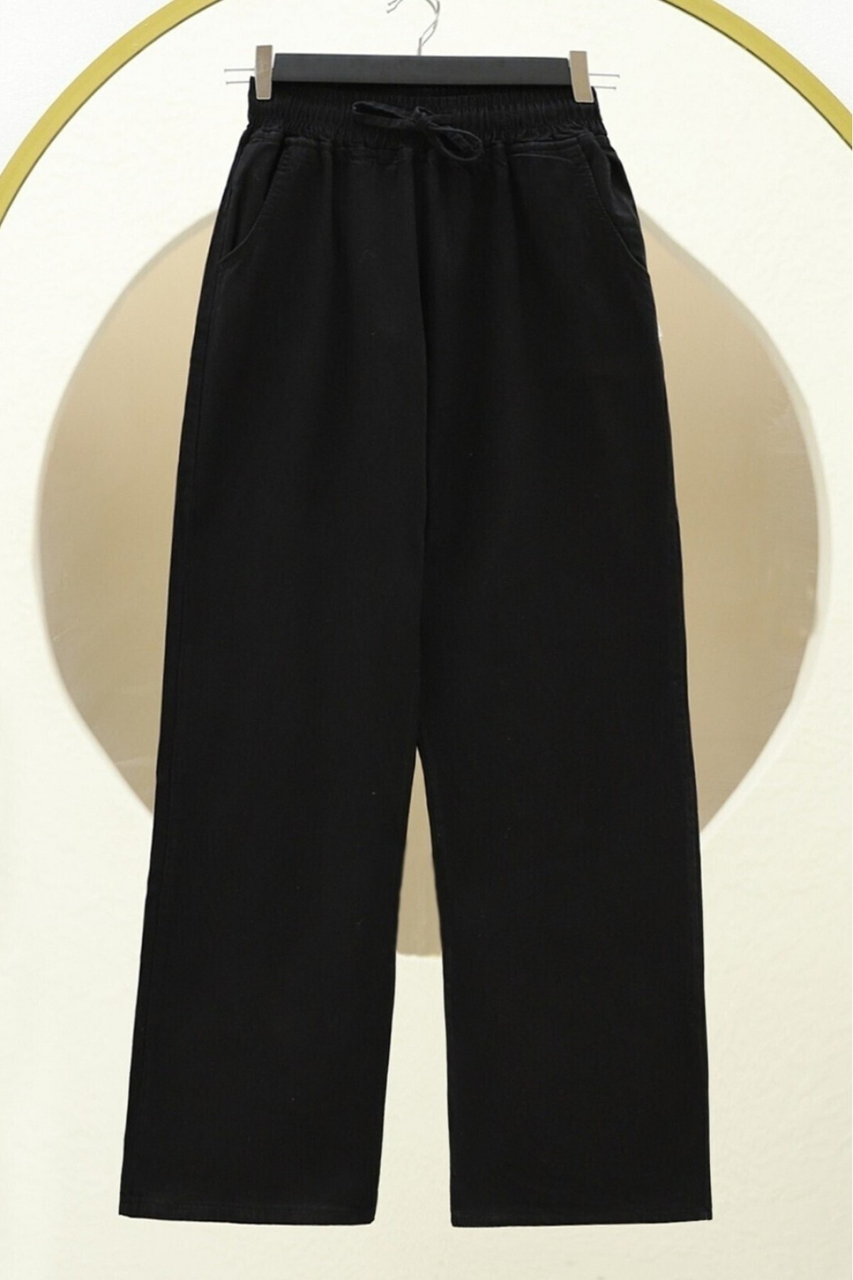 Beli Lastikli Cepli Bol Paça Kot Pantolon  -Siyah