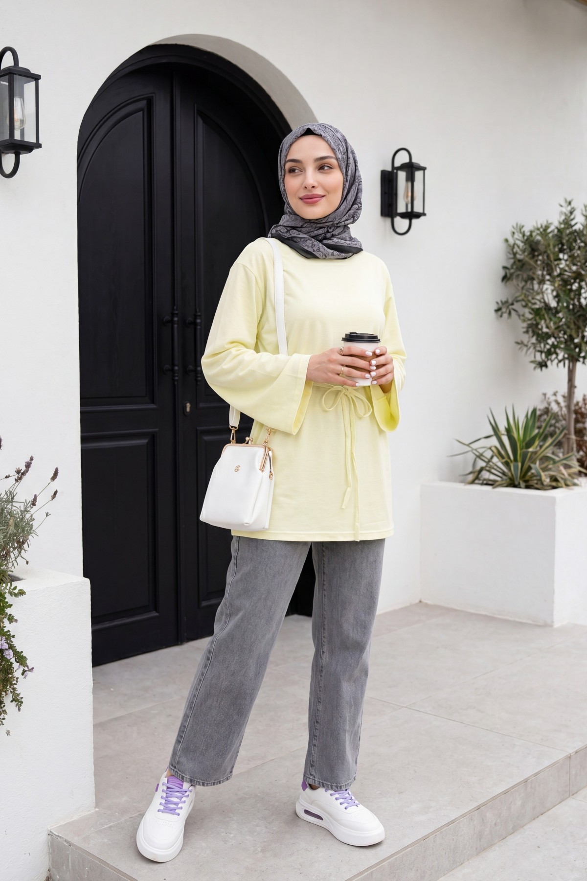 Beli Lastikli Cepli Bol Paça Kot Pantolon   -Füme