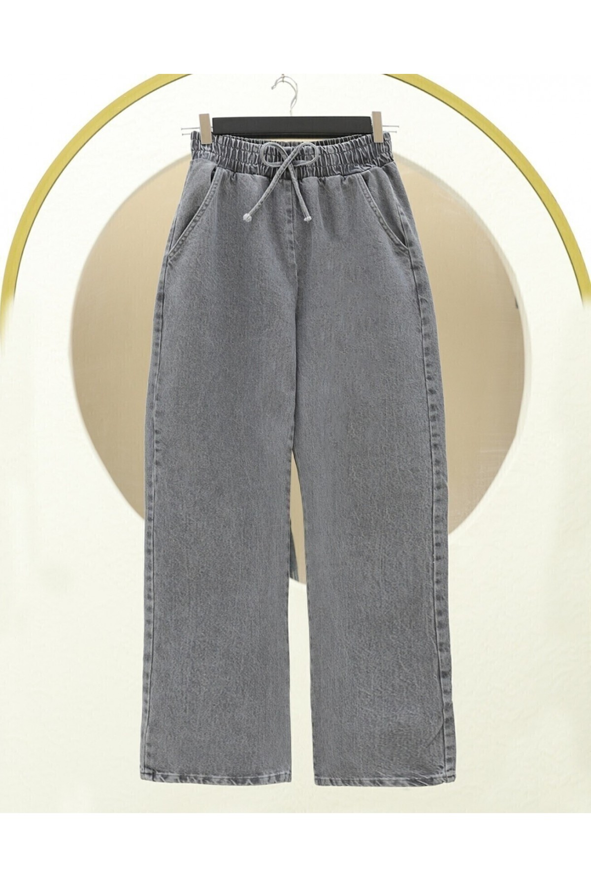 Beli Lastikli Cepli Bol Paça Kot Pantolon   -Füme