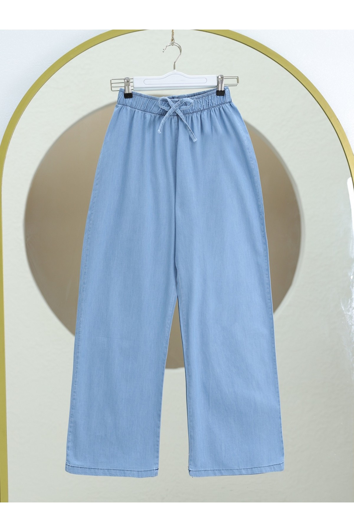 Wide Leg Waist Elastic Lacing Detail Jeans -Light blue