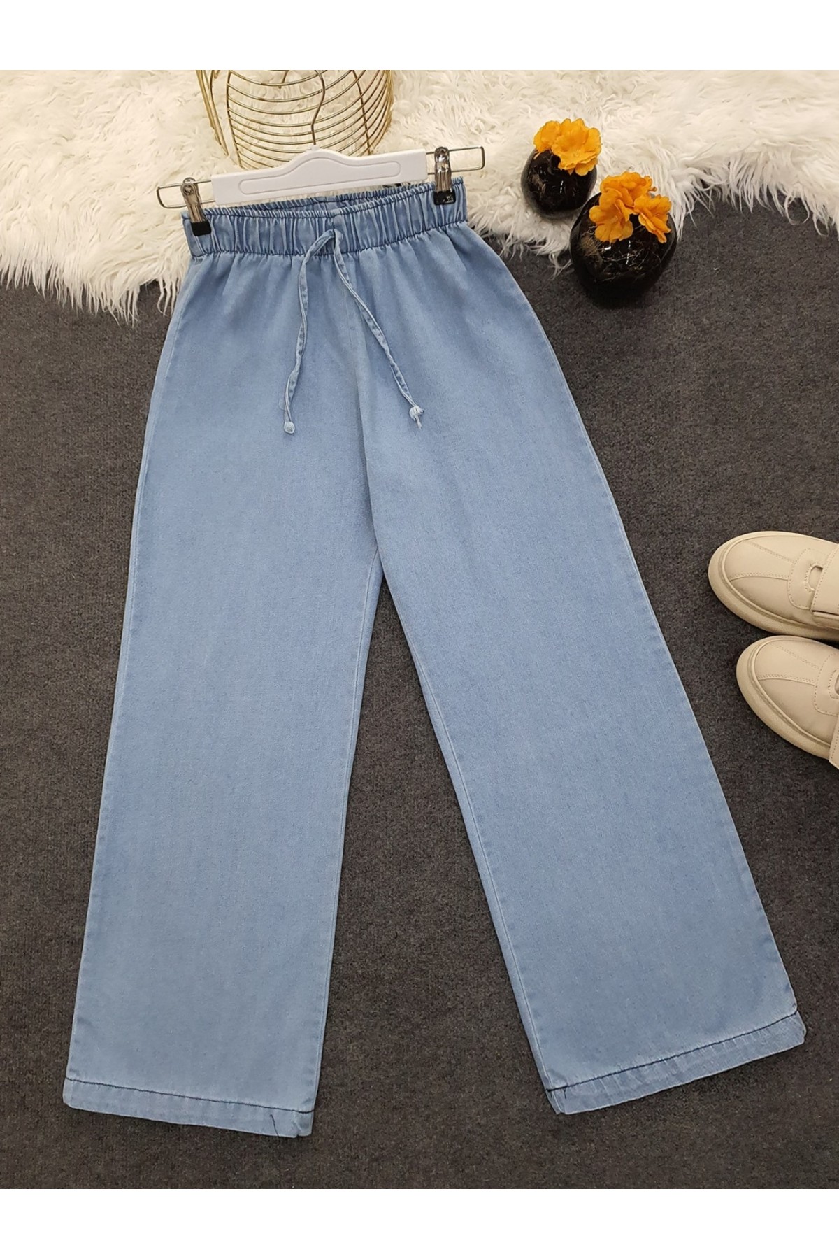Wide Leg Waist Elastic Lacing Detail Jeans -Light blue