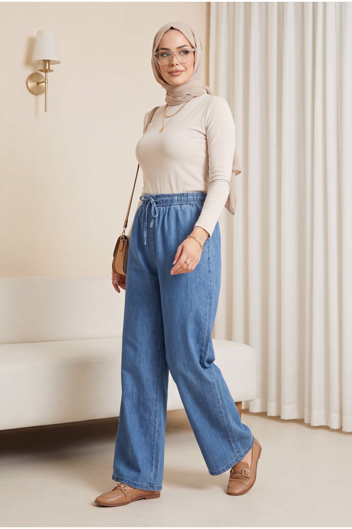 Wide Leg Waist Elastic Lacing Detail Jeans       -Blue