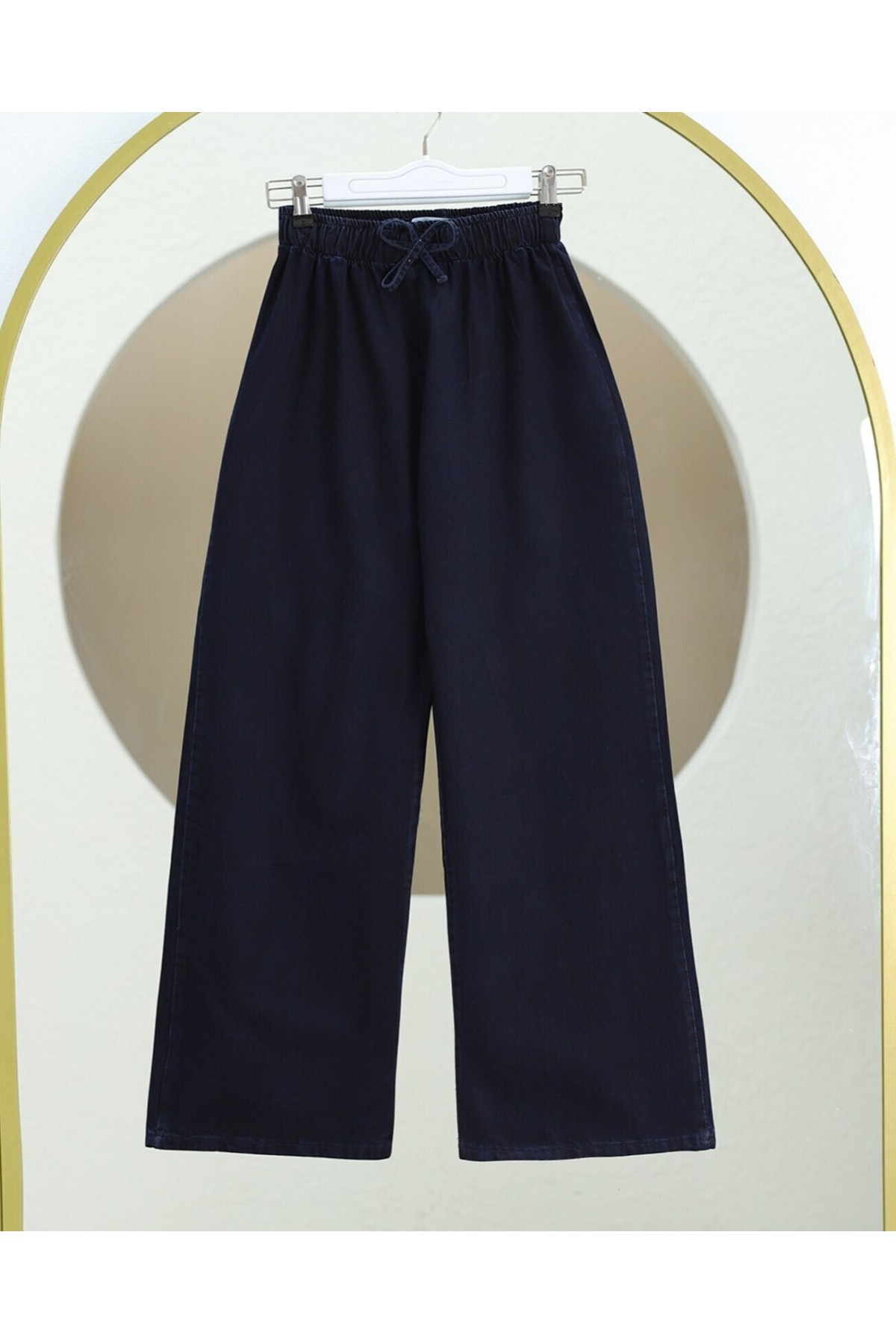 Wide Leg Waist Elastic Lacing Detail Jeans     -dark lacquer