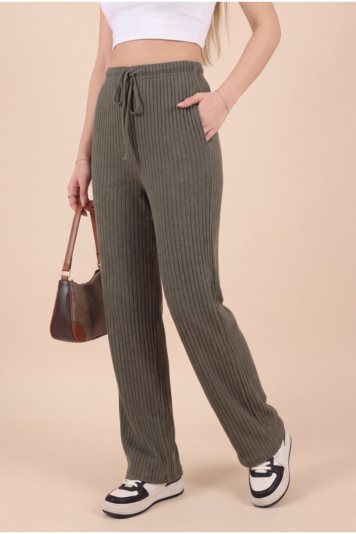 Lace Detail Loose Ribbed Trousers        -Khaki