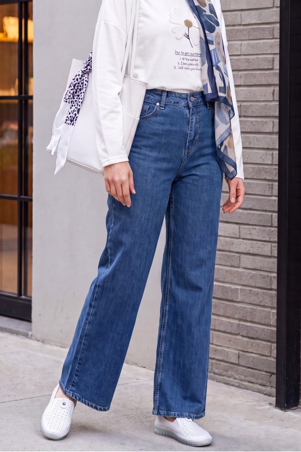 Palazzo Jeans with Pockets and Zipper   -İndigo