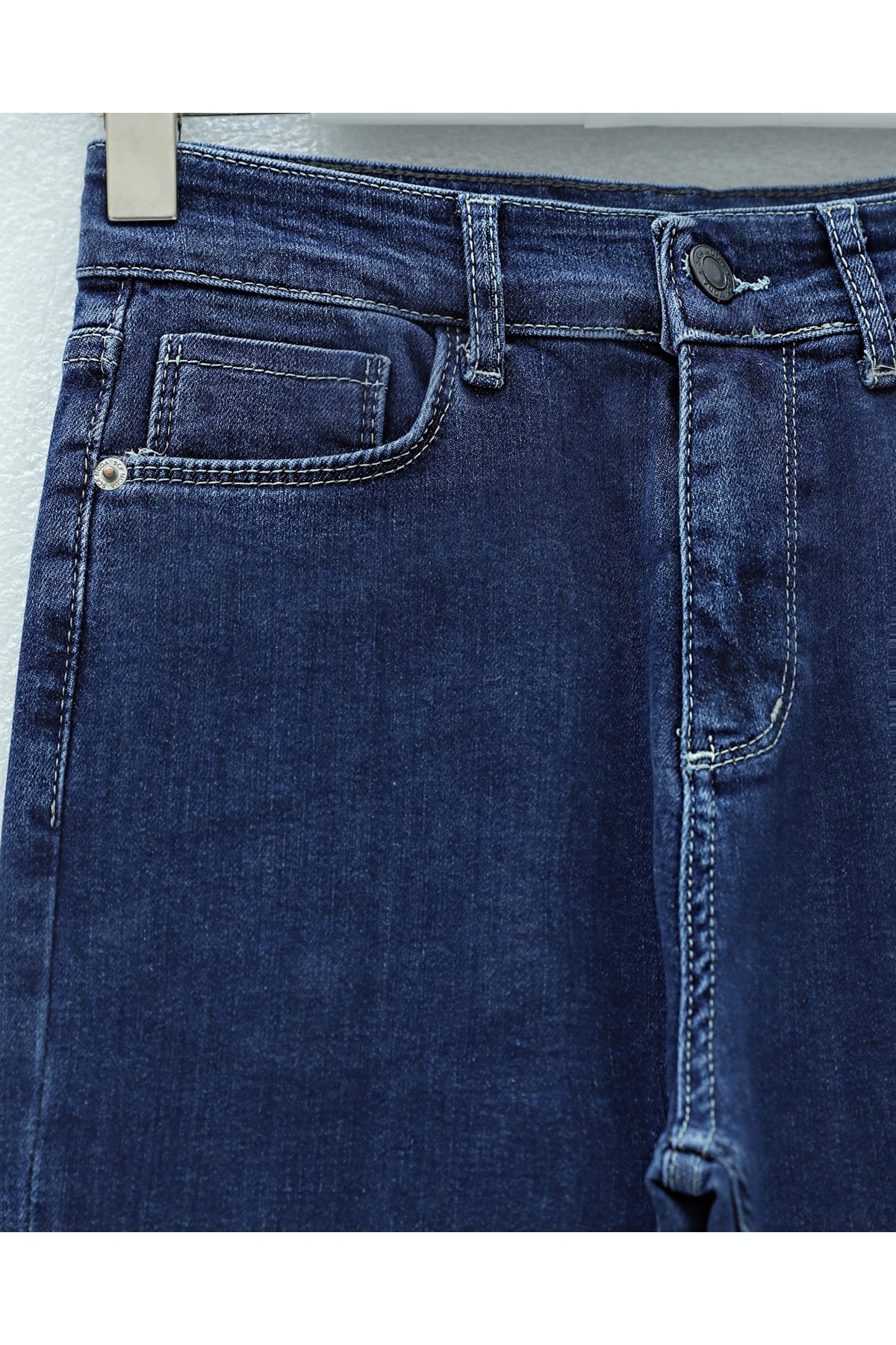 Cepli İspanyol Paça Likralı Fermuarlı Kot Pantolon -Koyu Mavi