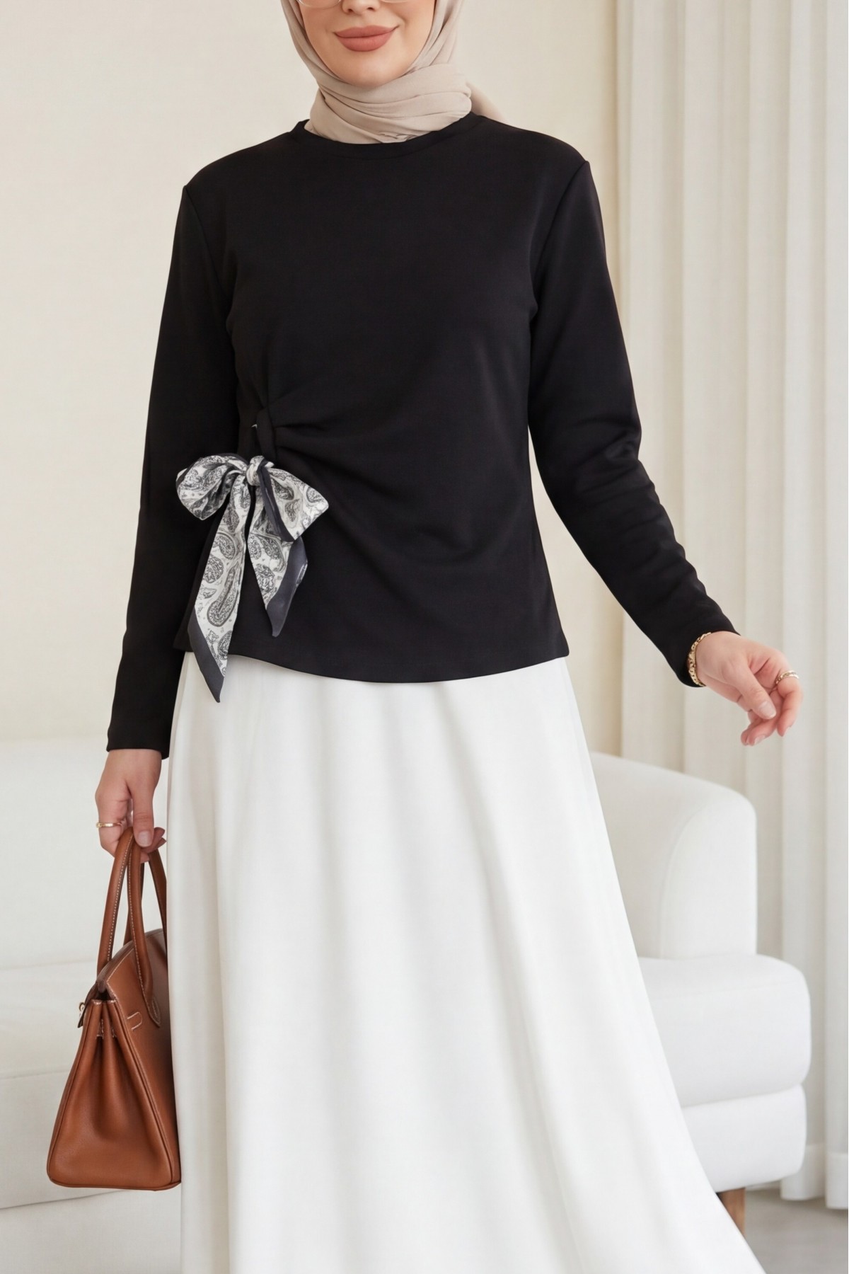 Yandan Fularlı Bağlama Detaylı Oyşo Bluz -Siyah