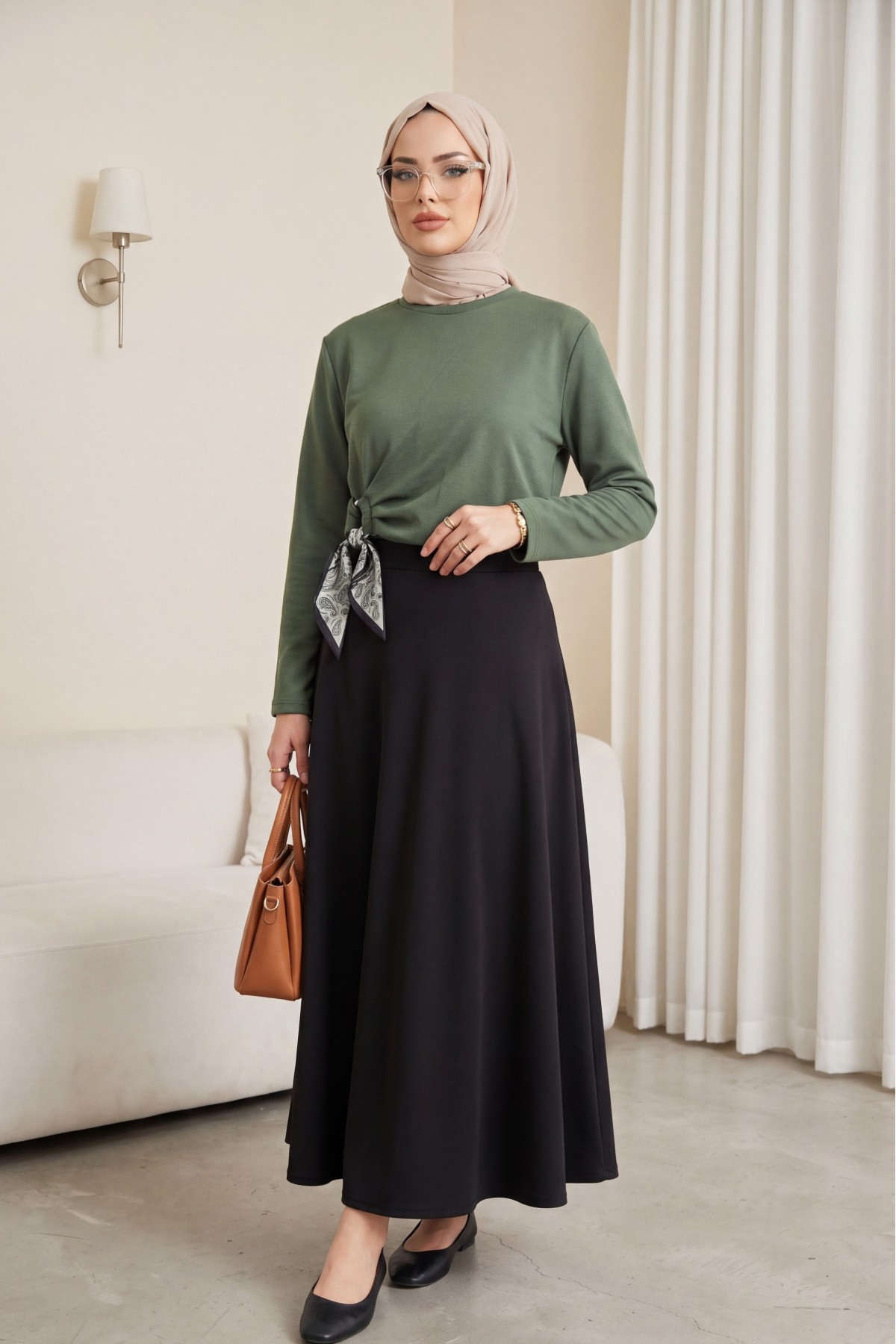 Yandan Fularlı Bağlama Detaylı Oyşo Bluz -Haki