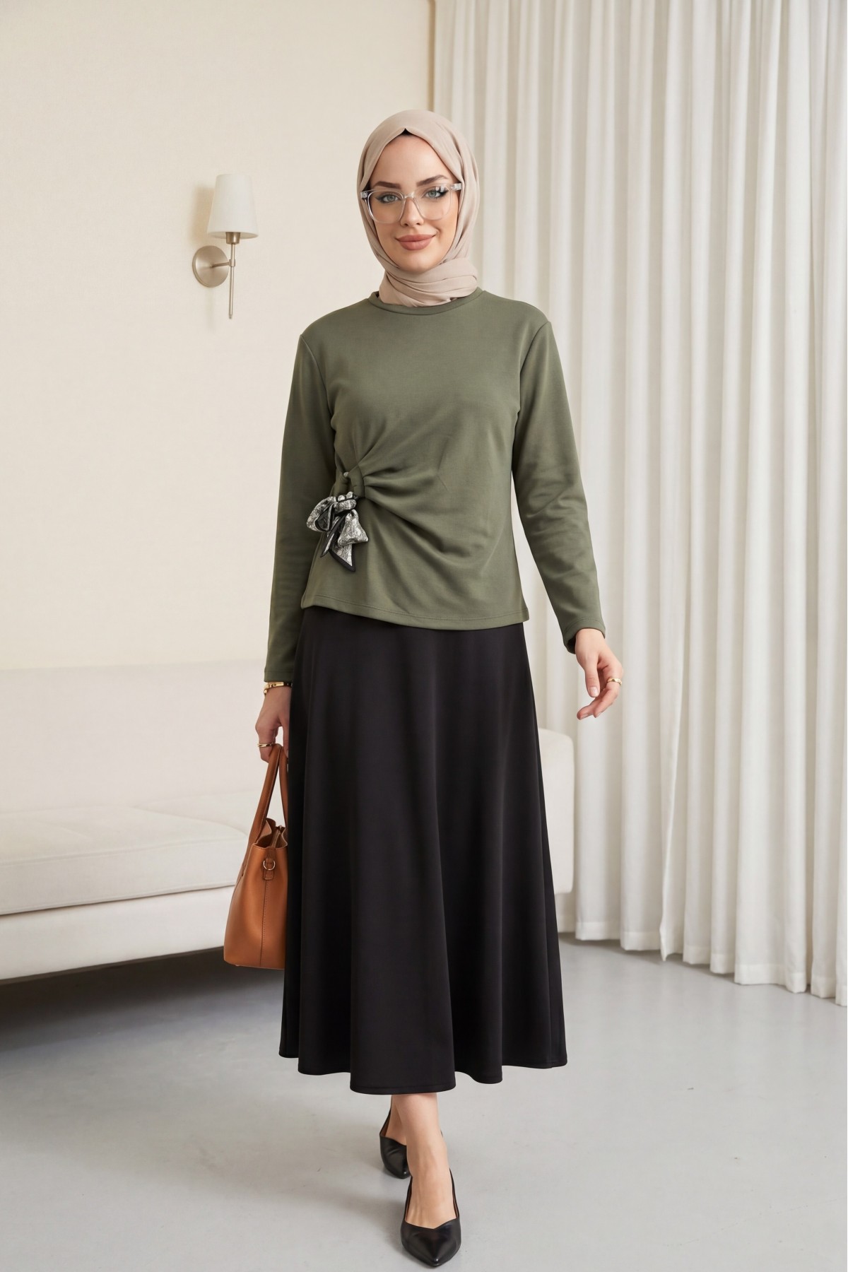 Yandan Fularlı Bağlama Detaylı Oyşo Bluz -Haki