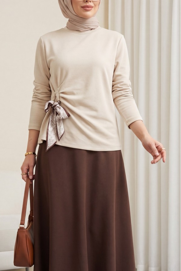 Yandan Fularlı Bağlama Detaylı Oyşo Bluz -Taş