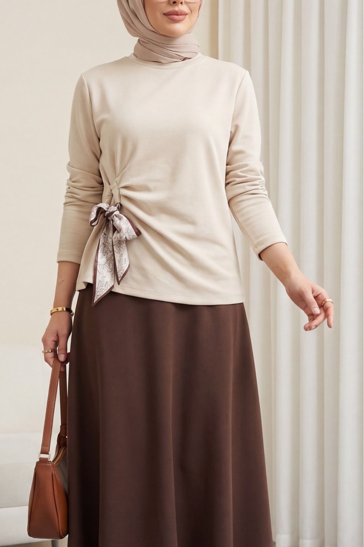 Yandan Fularlı Bağlama Detaylı Oyşo Bluz -Taş