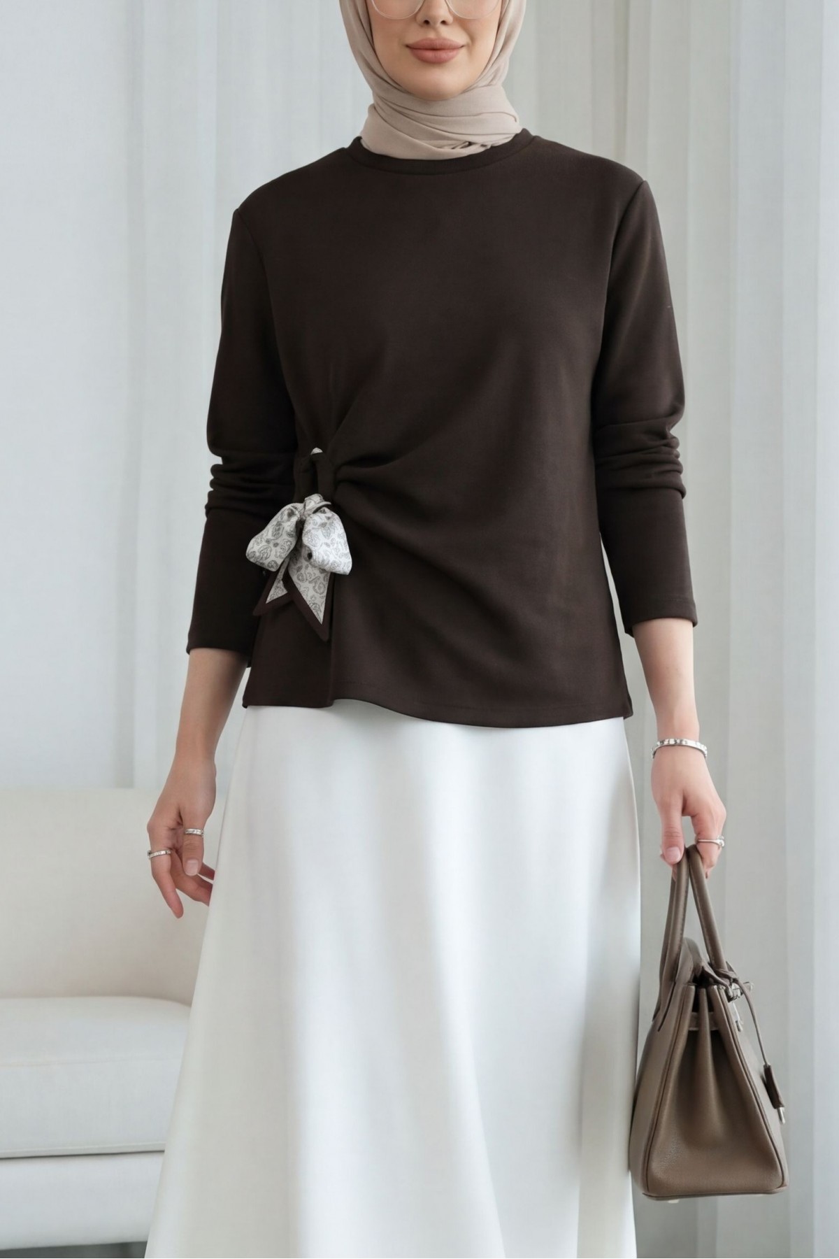 Yandan Fularlı Bağlama Detaylı Oyşo Bluz -K. Kahve